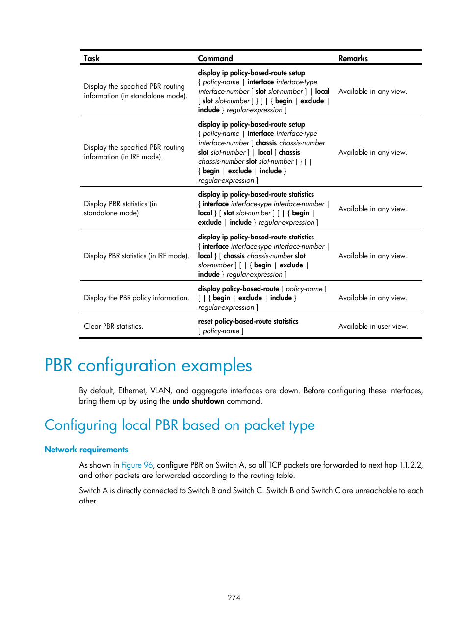 Pbr configuration examples, Configuring local pbr based on packet type, Network requirements | H3C Technologies H3C S12500 Series Switches User Manual | Page 290 / 443