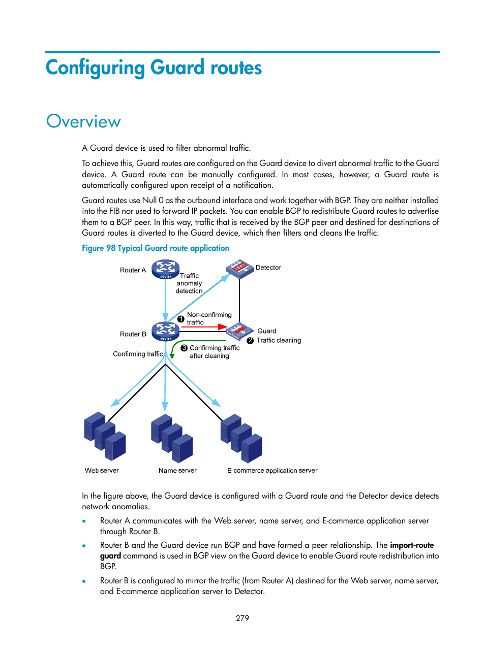 Configuring guard routes, Overview | H3C Technologies H3C S12500 Series Switches User Manual | Page 295 / 443