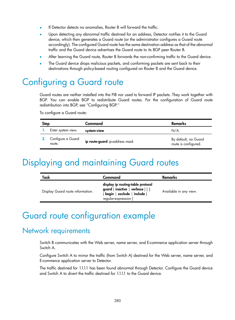 Configuring a guard route, Displaying and maintaining guard routes, Guard route configuration example | Network requirements | H3C Technologies H3C S12500 Series Switches User Manual | Page 296 / 443