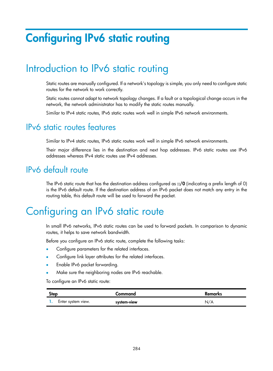 Configuring ipv6 static routing, Introduction to ipv6 static routing, Ipv6 static routes features | Ipv6 default route, Configuring an ipv6 static route | H3C Technologies H3C S12500 Series Switches User Manual | Page 300 / 443