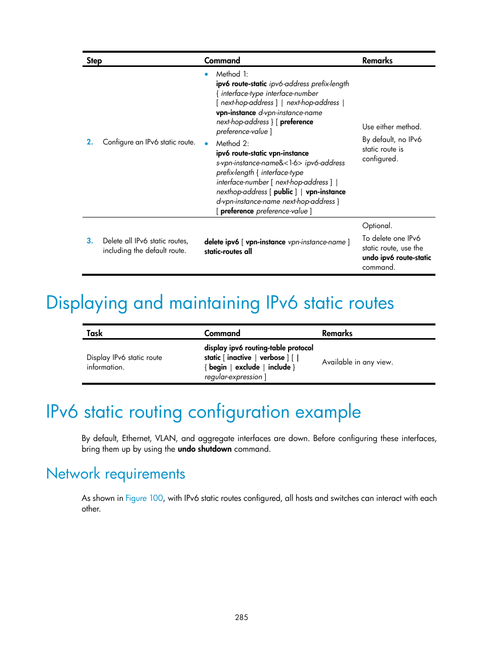 Displaying and maintaining ipv6 static routes, Ipv6 static routing configuration example, Network requirements | H3C Technologies H3C S12500 Series Switches User Manual | Page 301 / 443