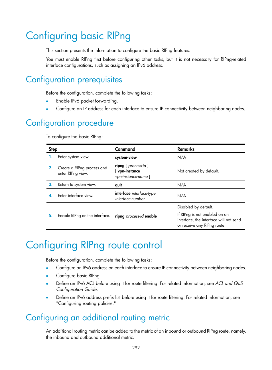 Configuring basic ripng, Configuration prerequisites, Configuration procedure | Configuring ripng route control, Configuring an additional routing metric | H3C Technologies H3C S12500 Series Switches User Manual | Page 308 / 443