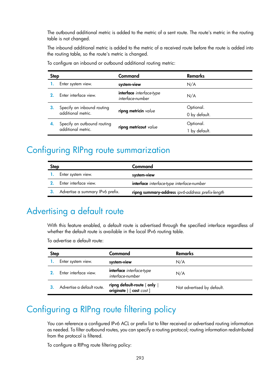 Configuring ripng route summarization, Advertising a default route, Configuring a ripng route filtering policy | H3C Technologies H3C S12500 Series Switches User Manual | Page 309 / 443
