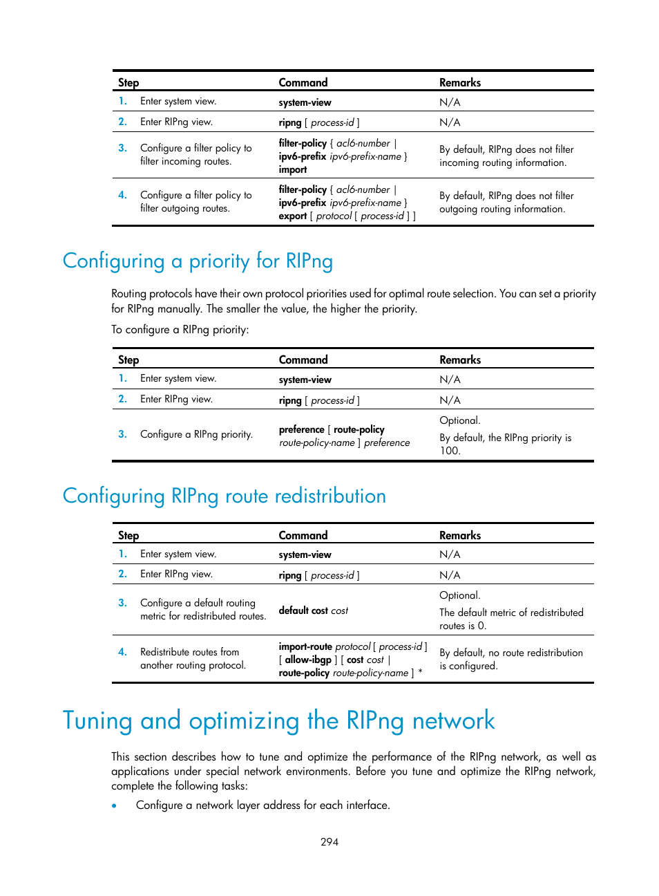 Configuring a priority for ripng, Configuring ripng route redistribution, Tuning and optimizing the ripng network | H3C Technologies H3C S12500 Series Switches User Manual | Page 310 / 443