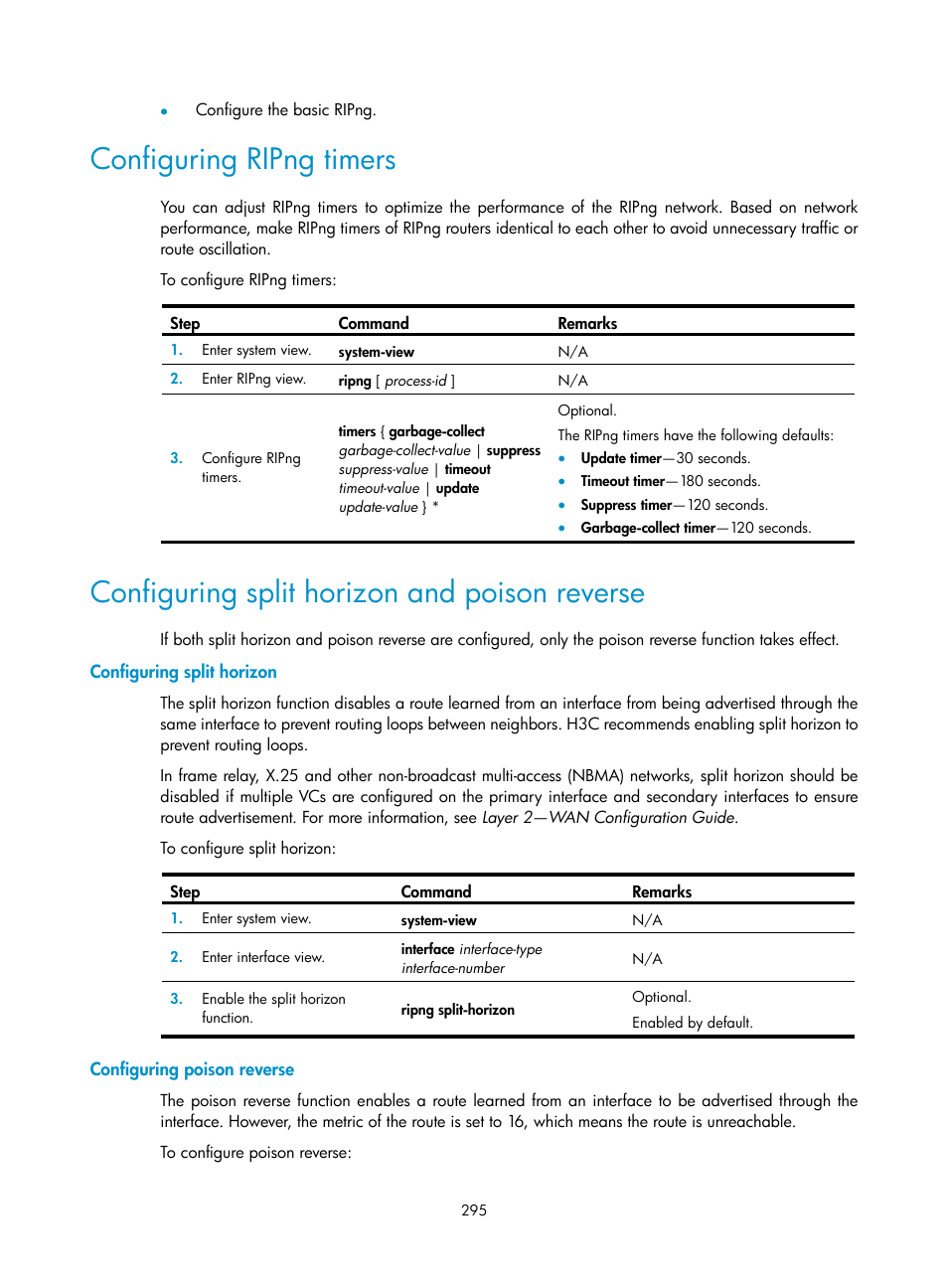 Configuring ripng timers, Configuring split horizon and poison reverse, Configuring split horizon | Configuring poison reverse | H3C Technologies H3C S12500 Series Switches User Manual | Page 311 / 443