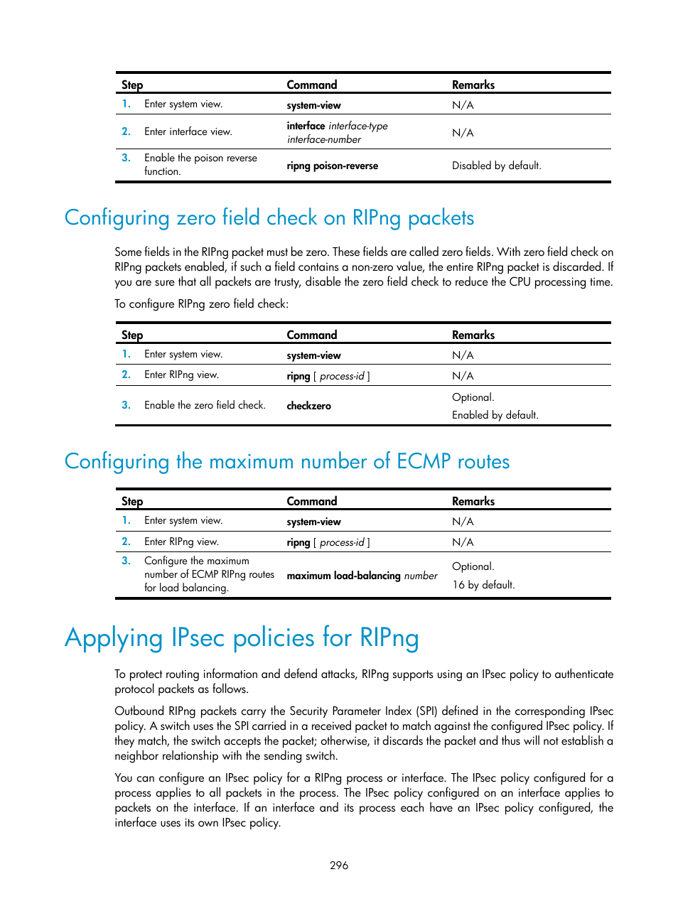 Configuring zero field check on ripng packets, Configuring the maximum number of ecmp routes, Applying ipsec policies for ripng | H3C Technologies H3C S12500 Series Switches User Manual | Page 312 / 443