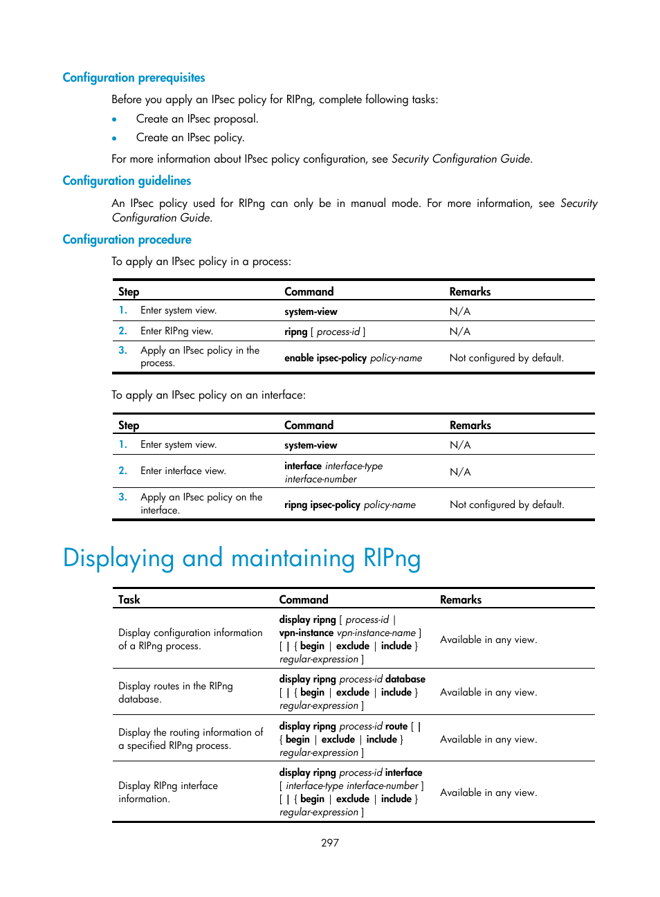 Configuration prerequisites, Configuration guidelines, Configuration procedure | Displaying and maintaining ripng | H3C Technologies H3C S12500 Series Switches User Manual | Page 313 / 443