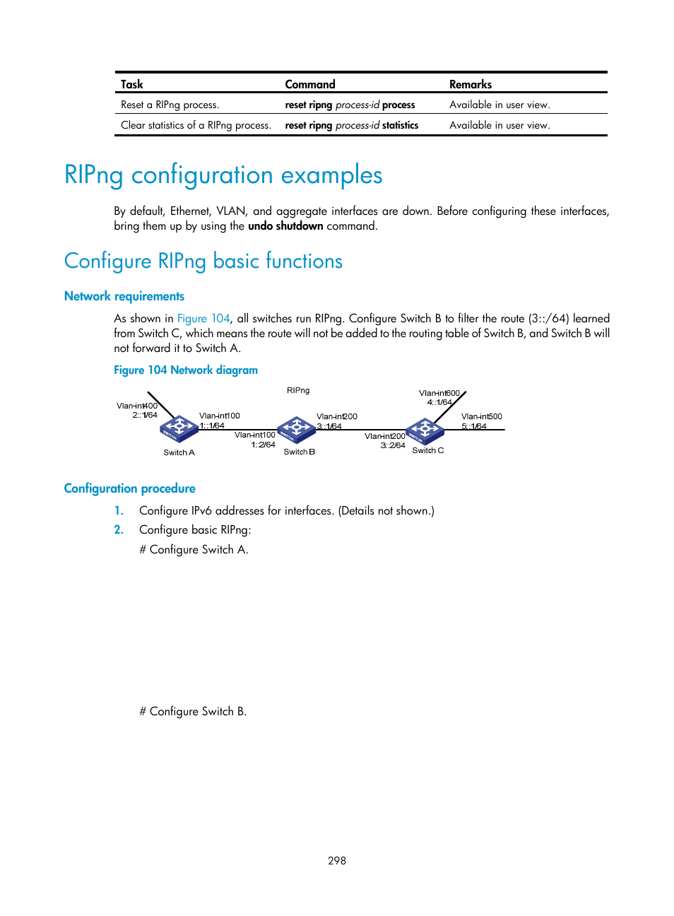 Ripng configuration examples, Configure ripng basic functions, Network requirements | Configuration procedure | H3C Technologies H3C S12500 Series Switches User Manual | Page 314 / 443