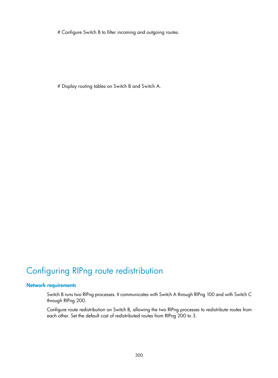 Configuring ripng route redistribution, Network requirements | H3C Technologies H3C S12500 Series Switches User Manual | Page 316 / 443