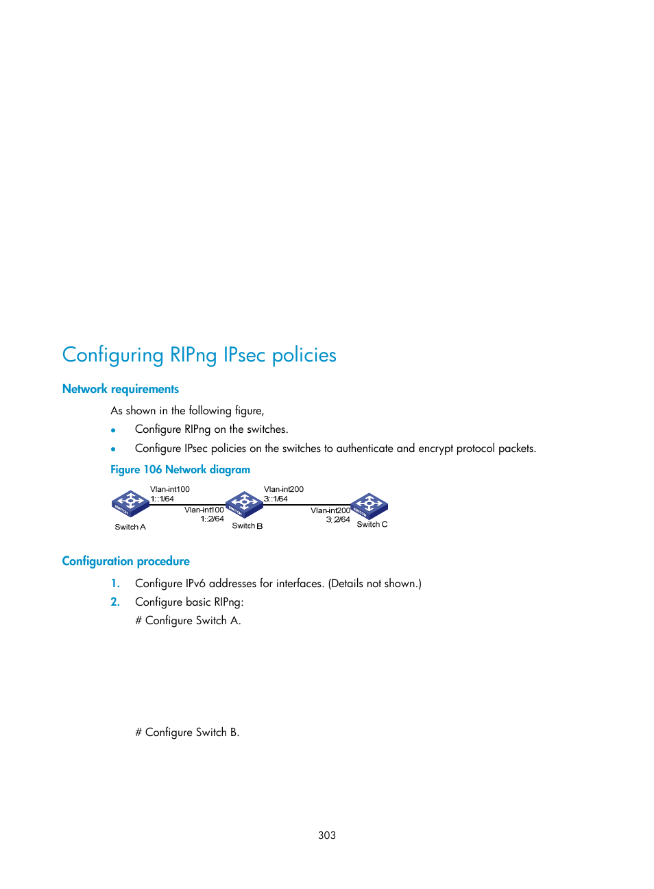 Configuring ripng ipsec policies, Network requirements, Configuration procedure | H3C Technologies H3C S12500 Series Switches User Manual | Page 319 / 443