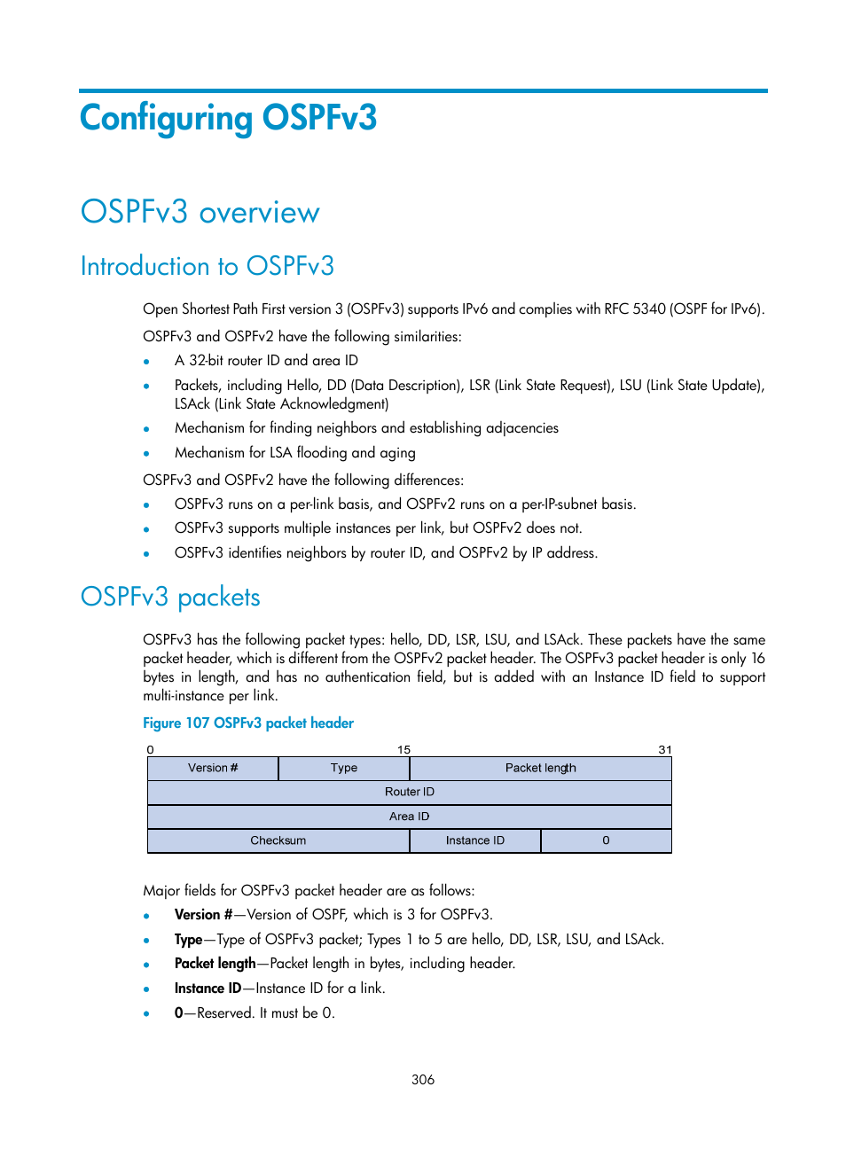 Configuring ospfv3, Ospfv3 overview, Introduction to ospfv3 | Ospfv3 packets | H3C Technologies H3C S12500 Series Switches User Manual | Page 322 / 443