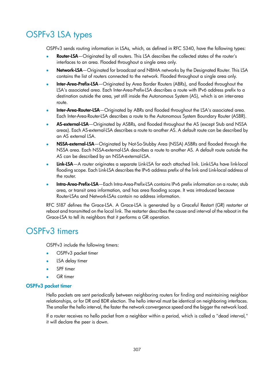 Ospfv3 lsa types, Ospfv3 timers, Ospfv3 packet timer | H3C Technologies H3C S12500 Series Switches User Manual | Page 323 / 443