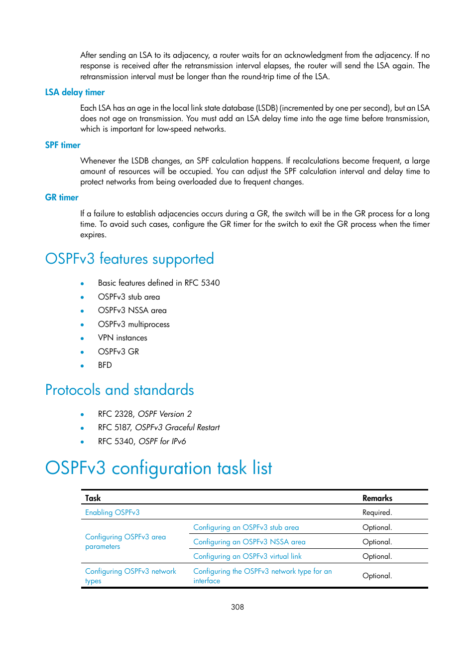 Lsa delay timer, Spf timer, Gr timer | Ospfv3 features supported, Protocols and standards, Ospfv3 configuration task list | H3C Technologies H3C S12500 Series Switches User Manual | Page 324 / 443