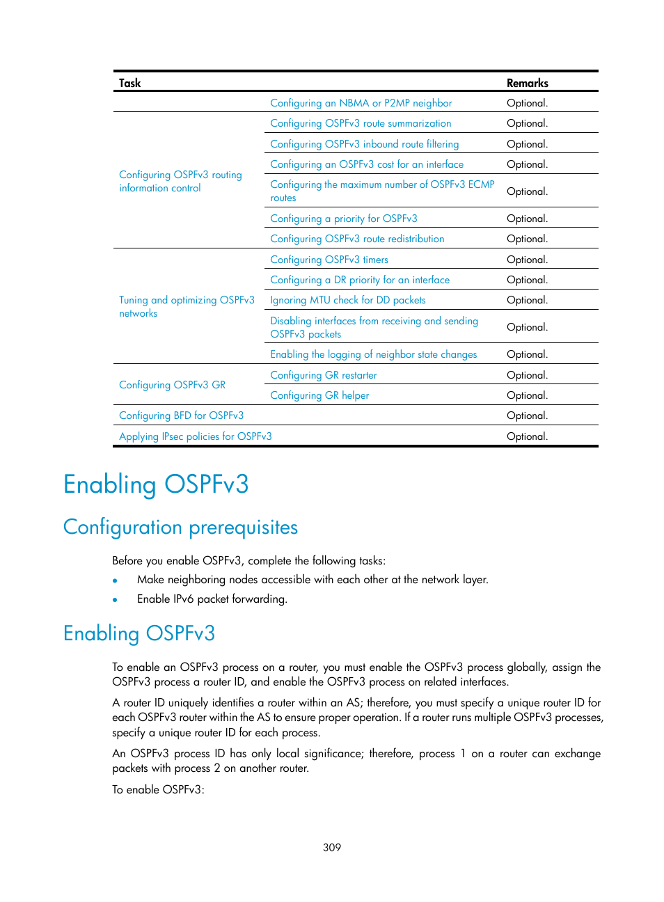 Enabling ospfv3, Configuration prerequisites | H3C Technologies H3C S12500 Series Switches User Manual | Page 325 / 443