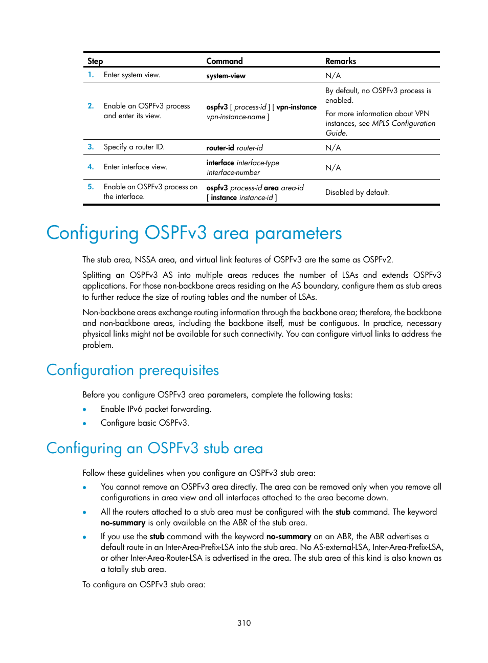 Configuring ospfv3 area parameters, Configuration prerequisites, Configuring an ospfv3 stub area | H3C Technologies H3C S12500 Series Switches User Manual | Page 326 / 443