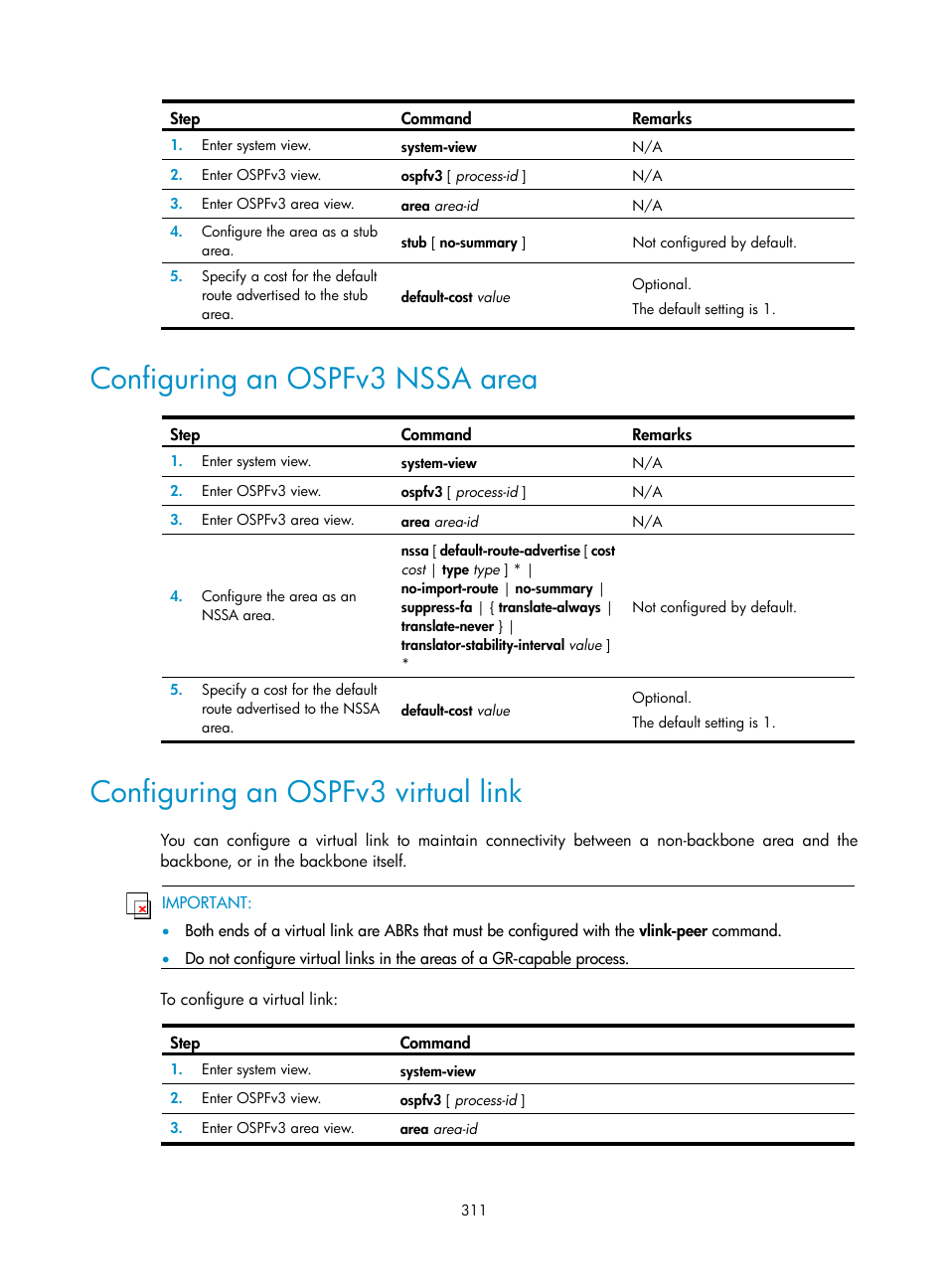 Configuring an ospfv3 nssa area, Configuring an ospfv3 virtual link | H3C Technologies H3C S12500 Series Switches User Manual | Page 327 / 443