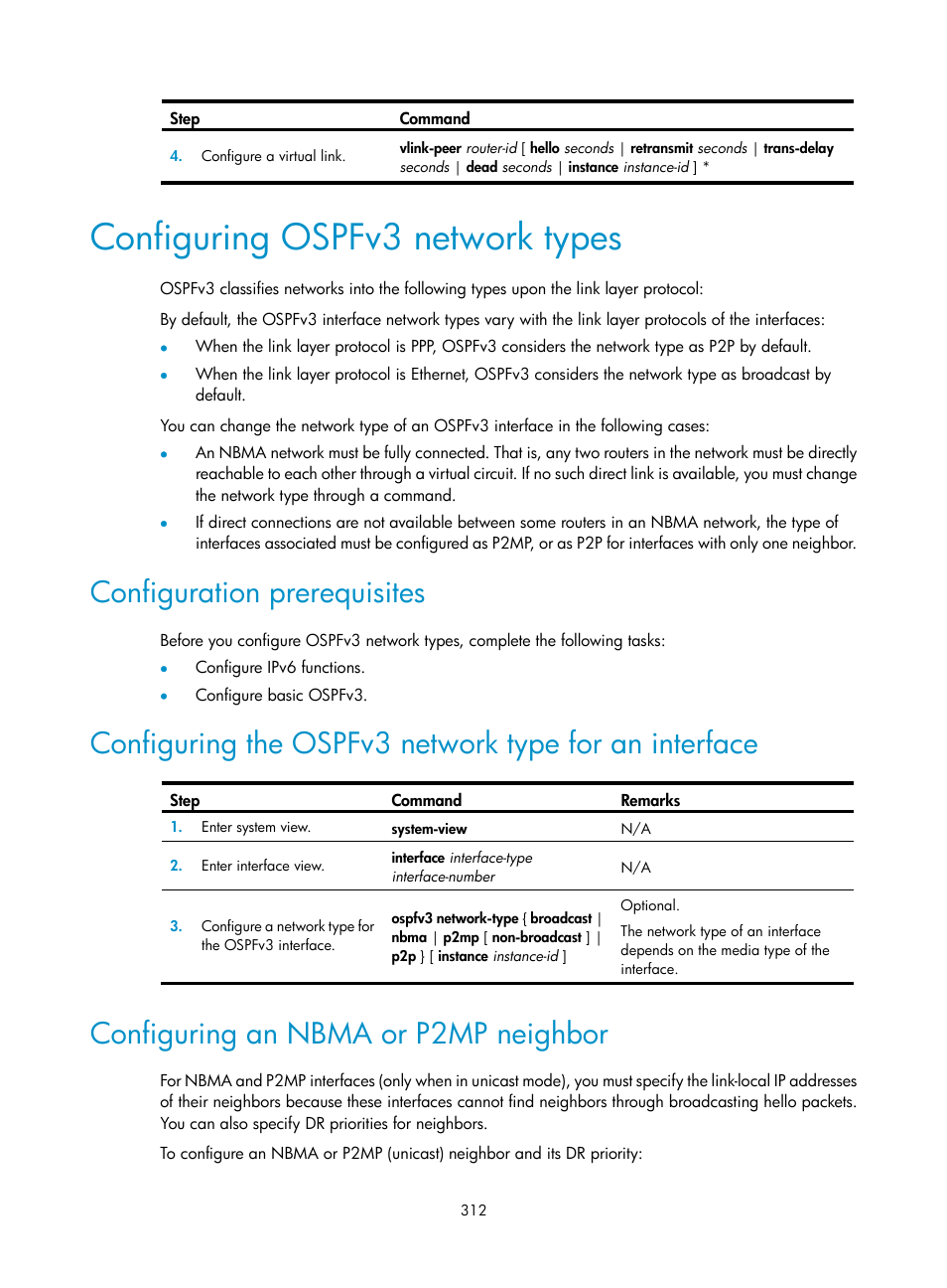 Configuring ospfv3 network types, Configuration prerequisites, Configuring an nbma or p2mp neighbor | H3C Technologies H3C S12500 Series Switches User Manual | Page 328 / 443