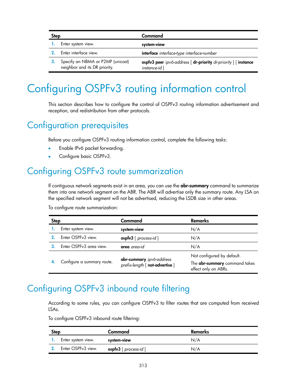 Configuring ospfv3 routing information control, Configuration prerequisites, Configuring ospfv3 route summarization | Configuring ospfv3 inbound route filtering | H3C Technologies H3C S12500 Series Switches User Manual | Page 329 / 443