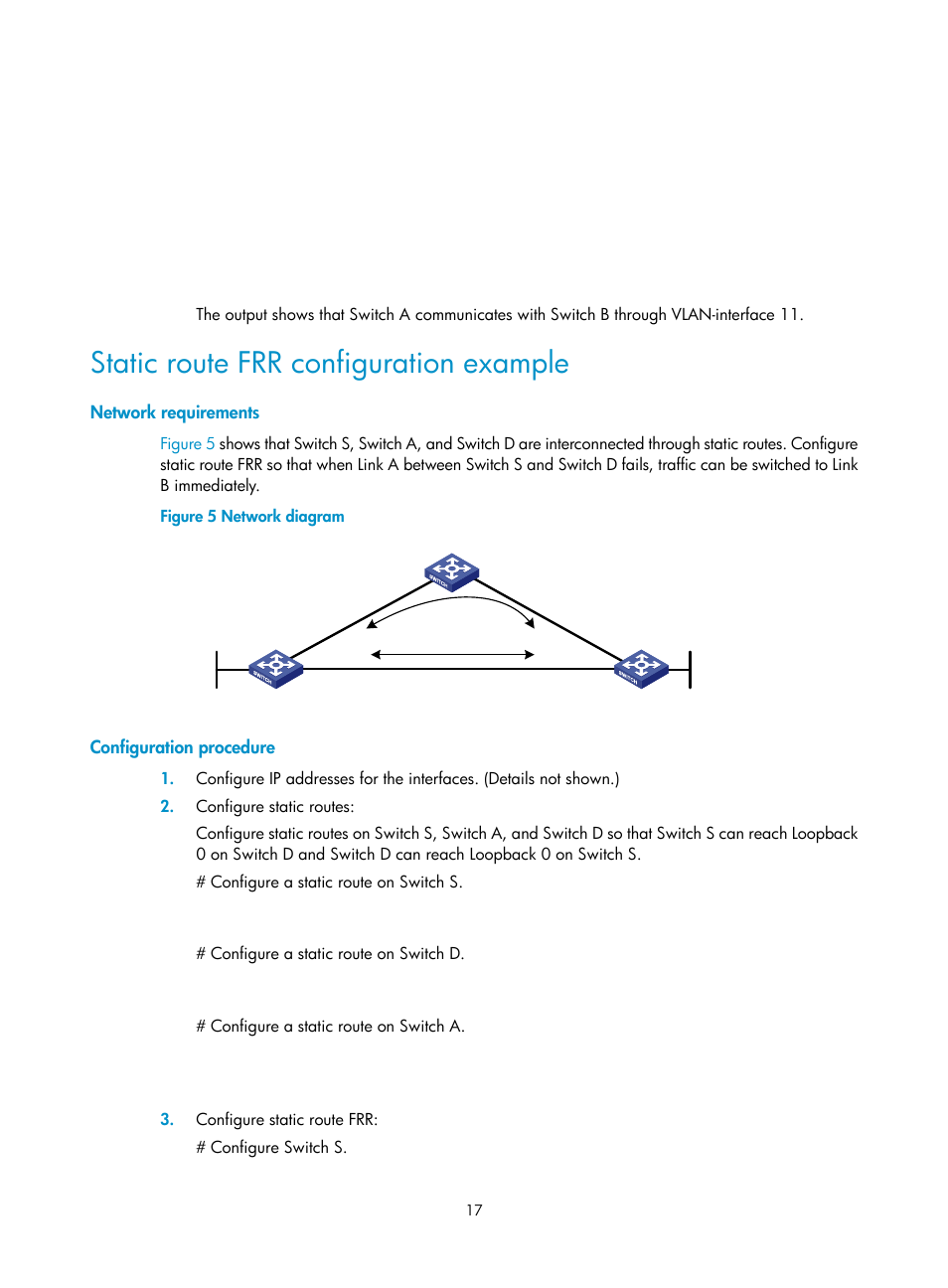 Static route frr configuration example, Network requirements, Configuration procedure | H3C Technologies H3C S12500 Series Switches User Manual | Page 33 / 443