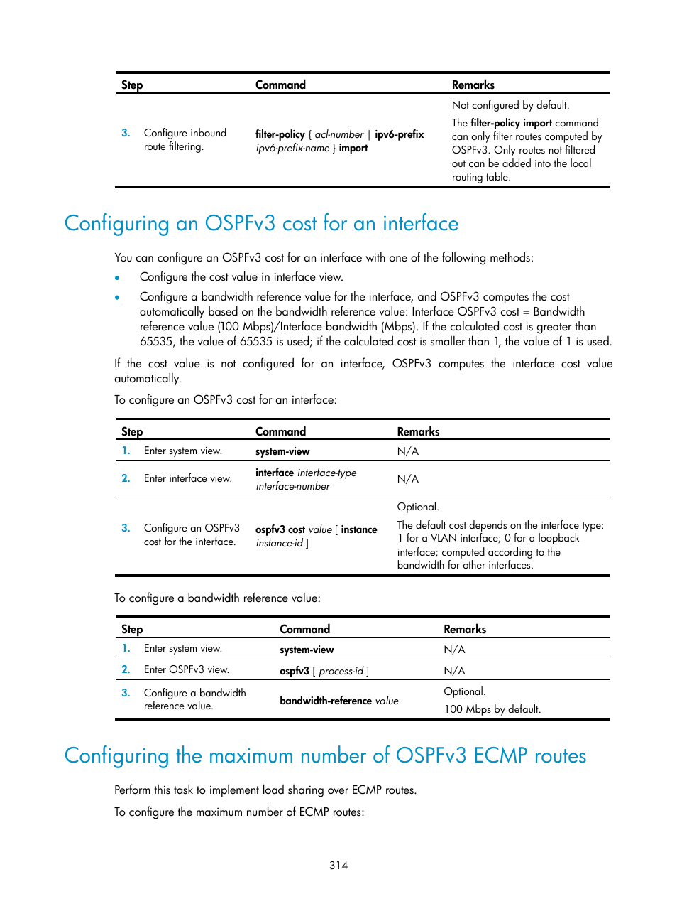Configuring an ospfv3 cost for an interface | H3C Technologies H3C S12500 Series Switches User Manual | Page 330 / 443