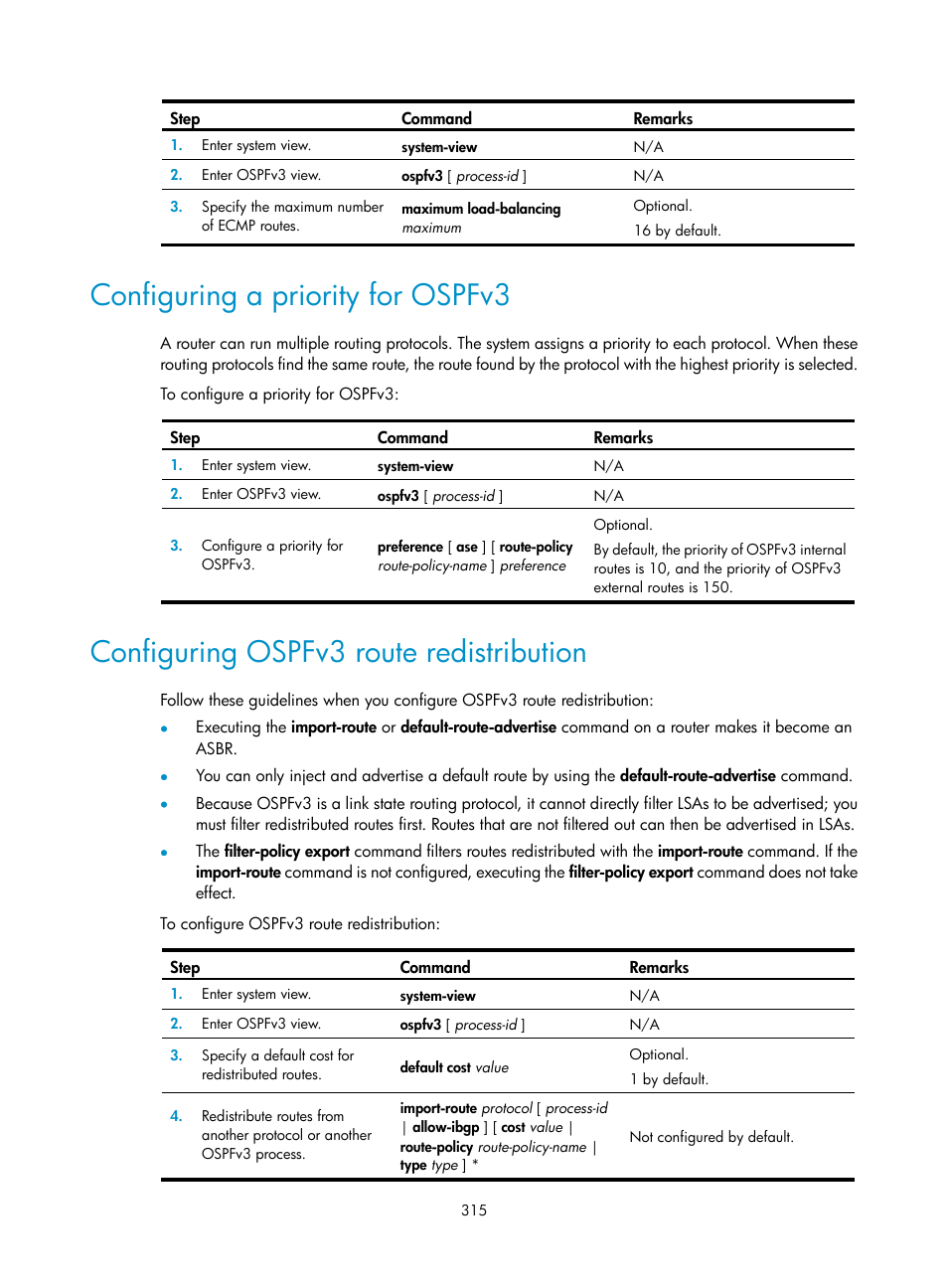 Configuring a priority for ospfv3, Configuring ospfv3 route redistribution | H3C Technologies H3C S12500 Series Switches User Manual | Page 331 / 443