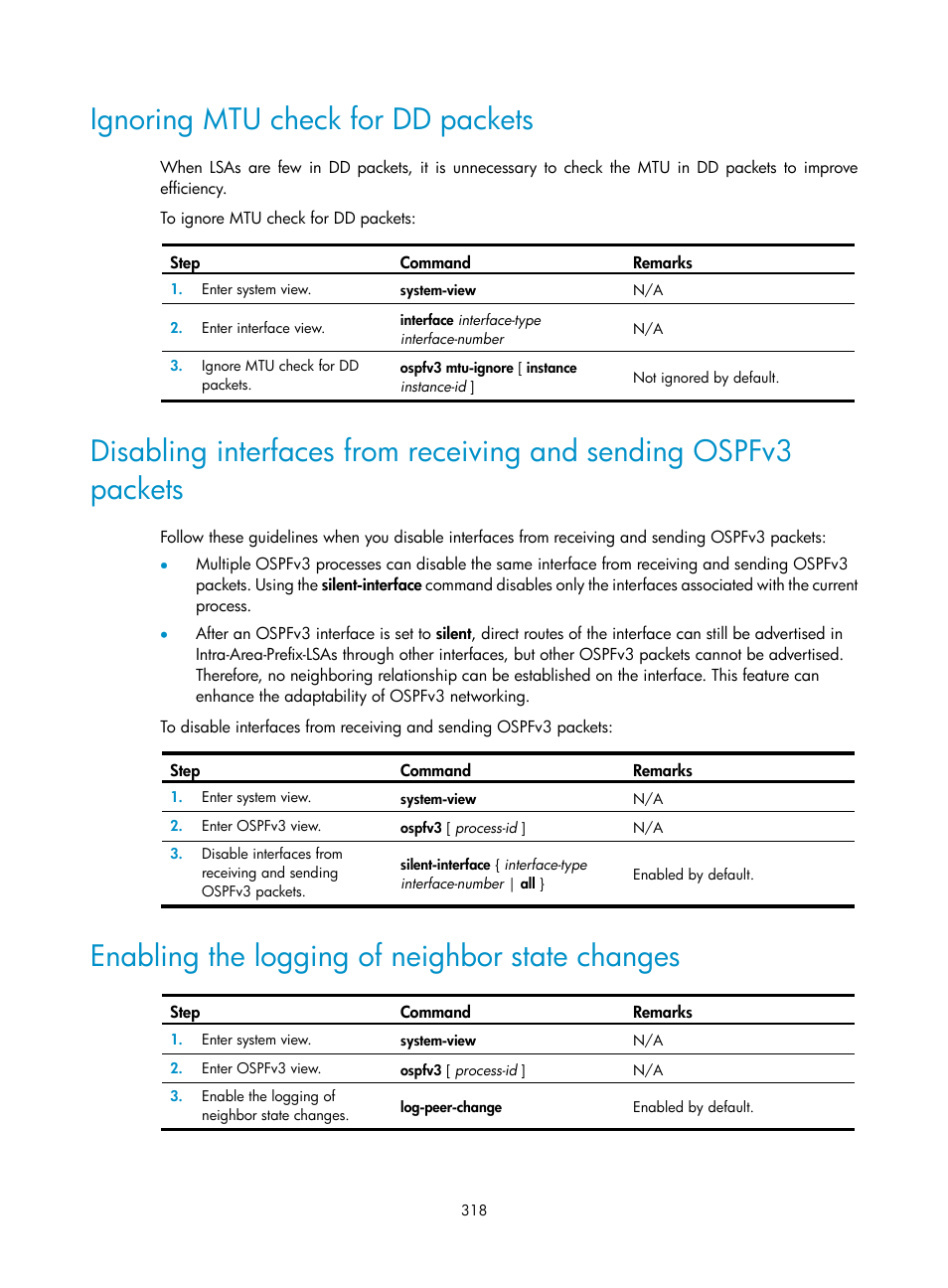 Ignoring mtu check for dd packets, Enabling the logging of neighbor state changes | H3C Technologies H3C S12500 Series Switches User Manual | Page 334 / 443