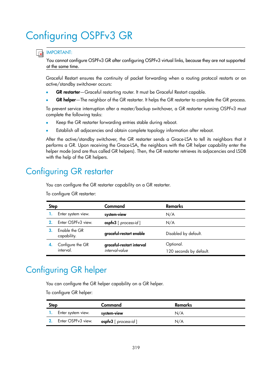 Configuring ospfv3 gr, Configuring gr restarter, Configuring gr helper | H3C Technologies H3C S12500 Series Switches User Manual | Page 335 / 443