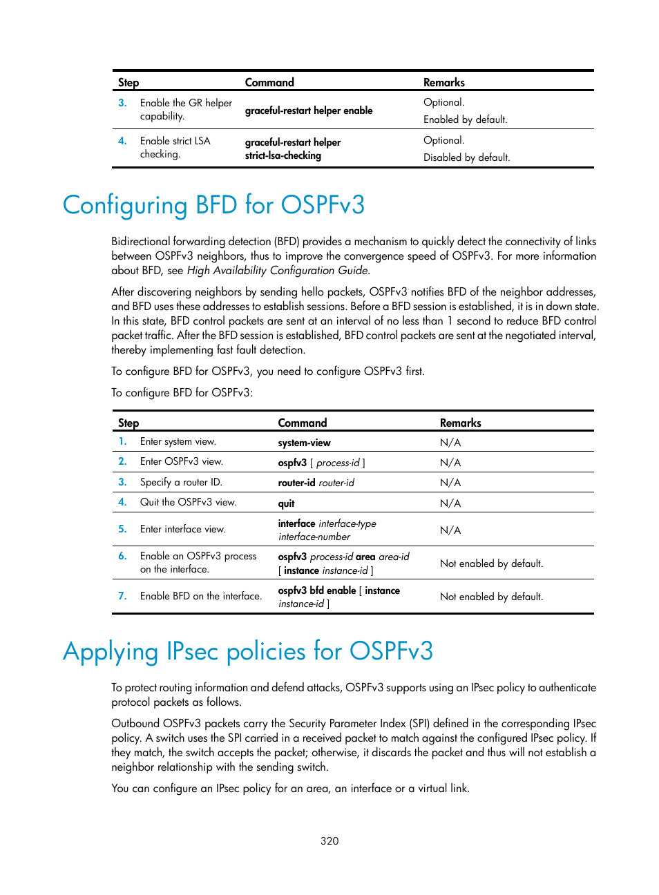 Configuring bfd for ospfv3, Applying ipsec policies for ospfv3 | H3C Technologies H3C S12500 Series Switches User Manual | Page 336 / 443