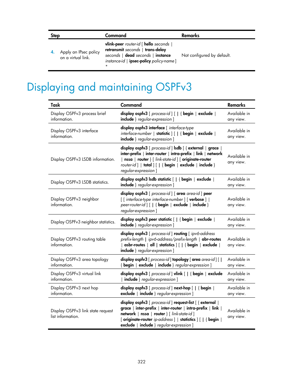 Displaying and maintaining ospfv3 | H3C Technologies H3C S12500 Series Switches User Manual | Page 338 / 443