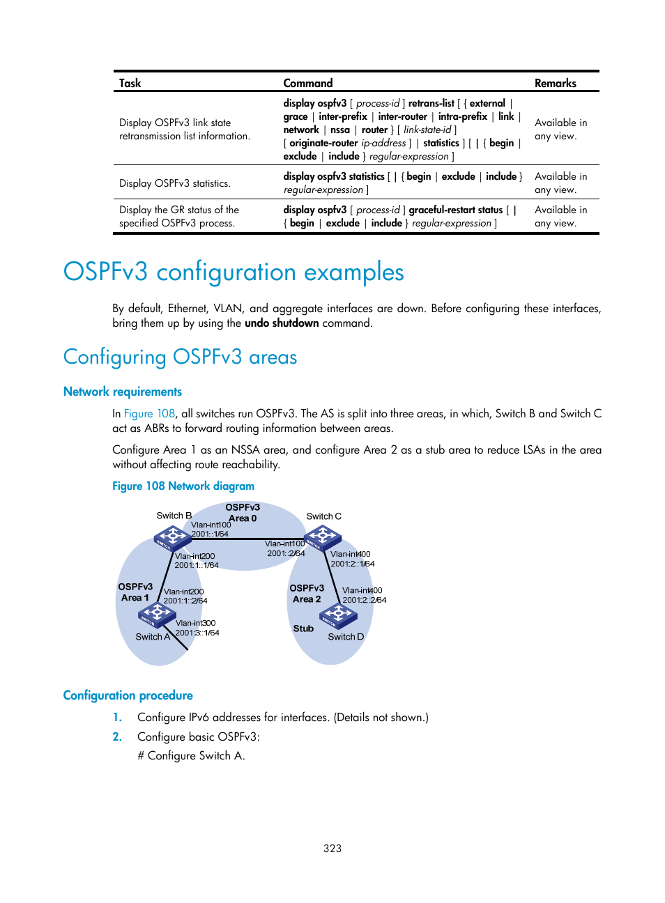 Ospfv3 configuration examples, Configuring ospfv3 areas, Network requirements | Configuration procedure | H3C Technologies H3C S12500 Series Switches User Manual | Page 339 / 443
