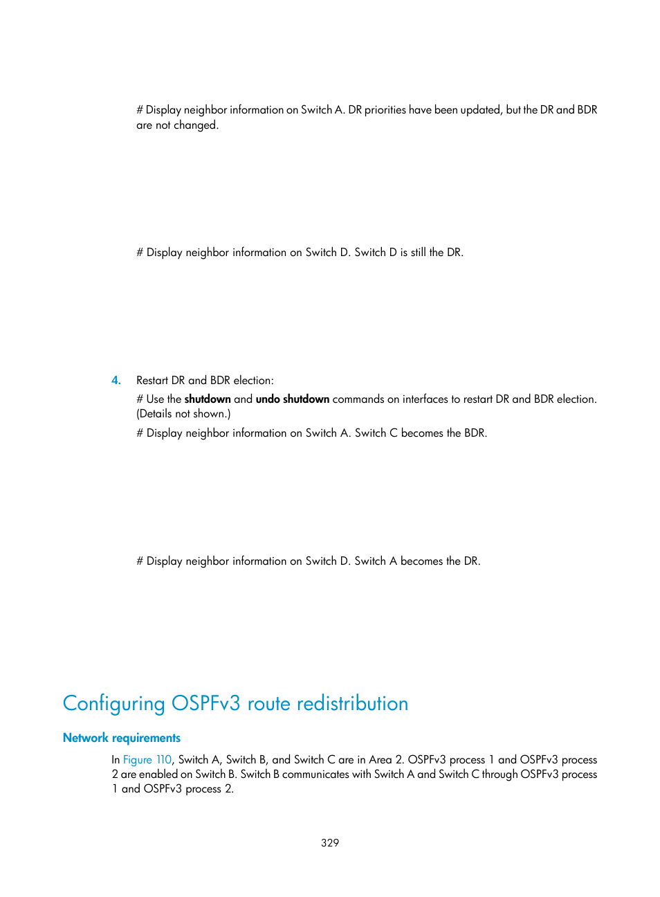 Configuring ospfv3 route redistribution, Network requirements | H3C Technologies H3C S12500 Series Switches User Manual | Page 345 / 443