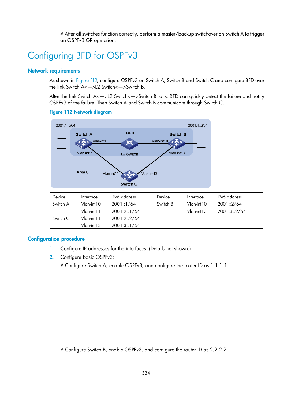 Configuring bfd for ospfv3, Network requirements, Configuration procedure | H3C Technologies H3C S12500 Series Switches User Manual | Page 350 / 443