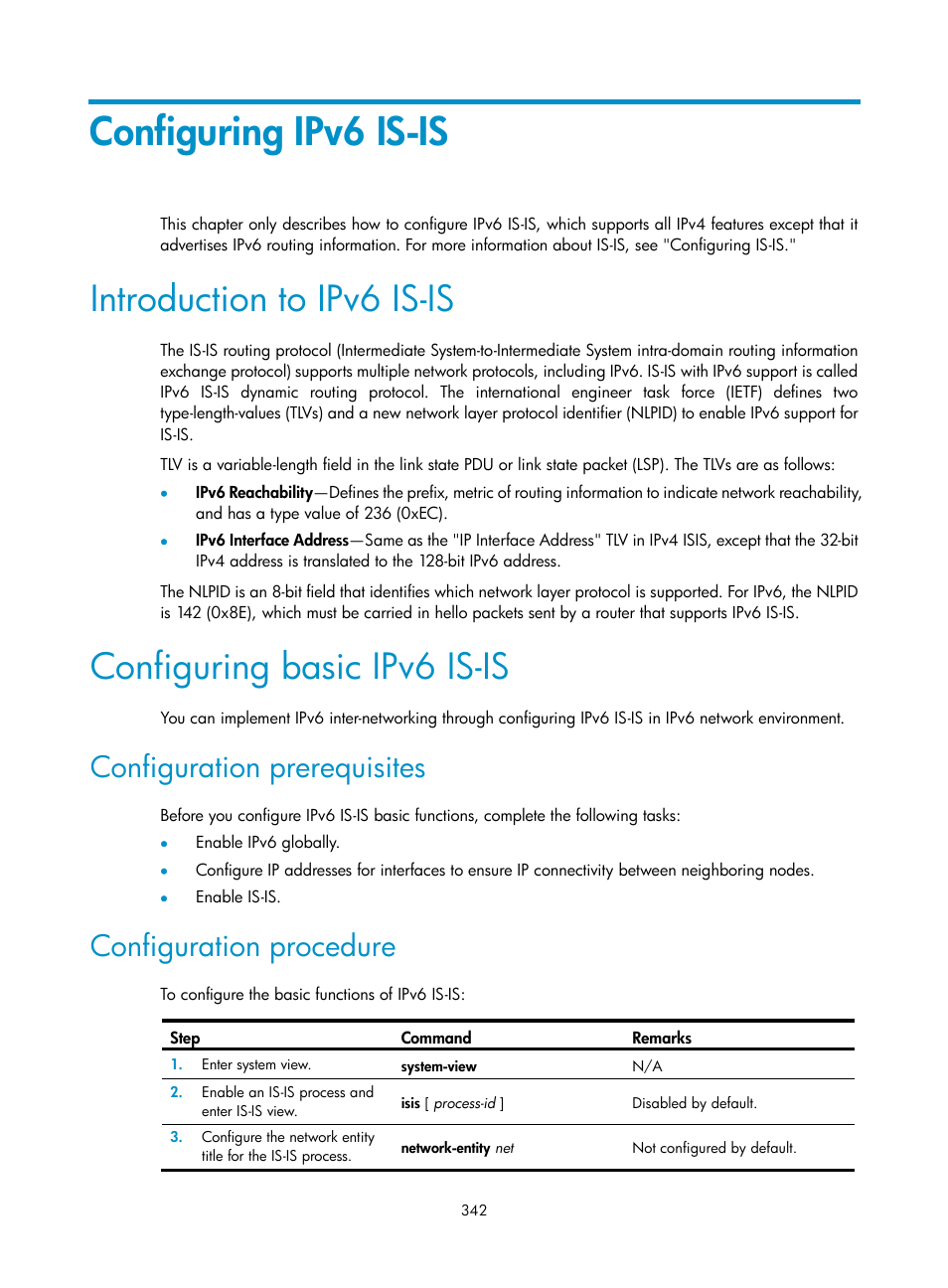 Configuring ipv6 is-is, Introduction to ipv6 is-is, Configuring basic ipv6 is-is | Configuration prerequisites, Configuration procedure | H3C Technologies H3C S12500 Series Switches User Manual | Page 358 / 443