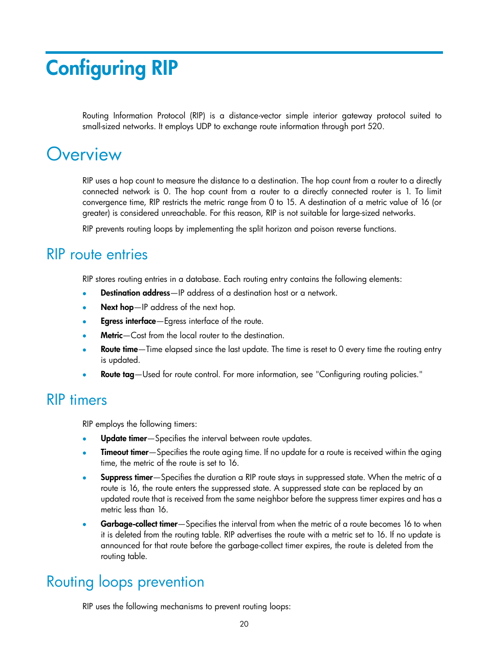 Configuring rip, Overview, Rip route entries | Rip timers, Routing loops prevention | H3C Technologies H3C S12500 Series Switches User Manual | Page 36 / 443