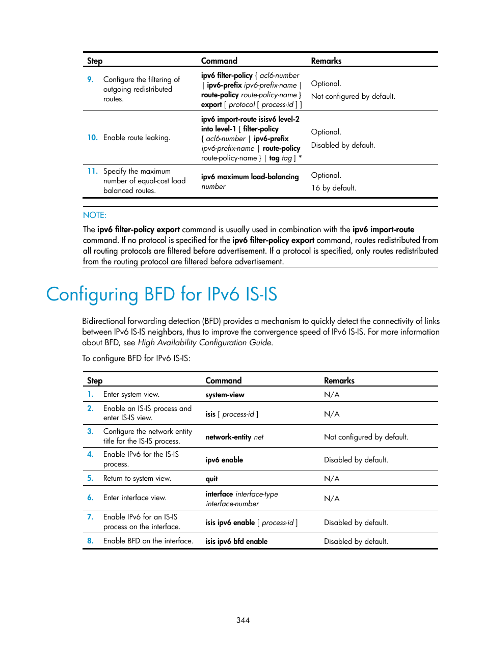 Configuring bfd for ipv6 is-is | H3C Technologies H3C S12500 Series Switches User Manual | Page 360 / 443