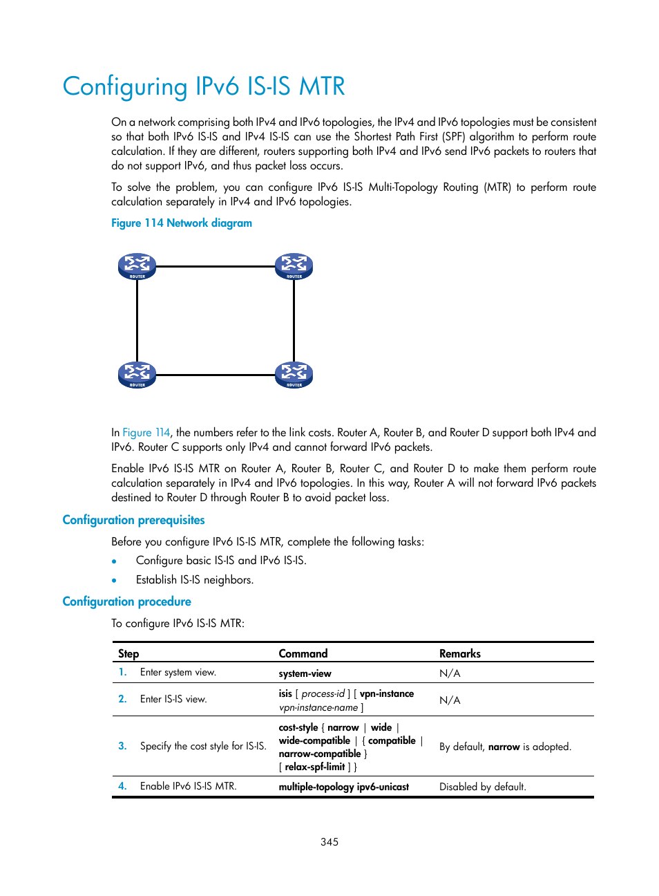 Configuring ipv6 is-is mtr, Configuration prerequisites, Configuration procedure | H3C Technologies H3C S12500 Series Switches User Manual | Page 361 / 443