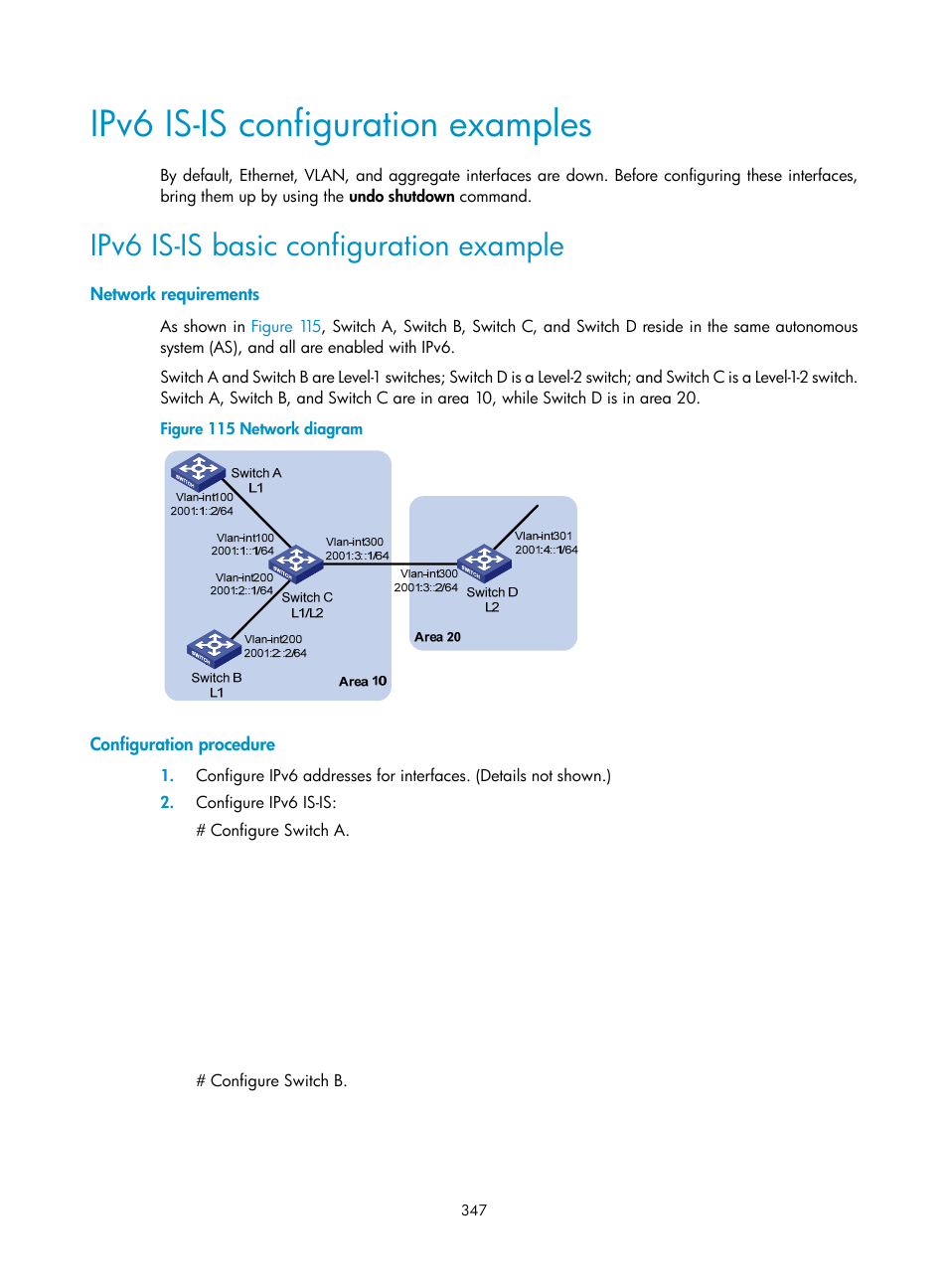 Ipv6 is-is configuration examples, Ipv6 is-is basic configuration example, Network requirements | Configuration procedure | H3C Technologies H3C S12500 Series Switches User Manual | Page 363 / 443