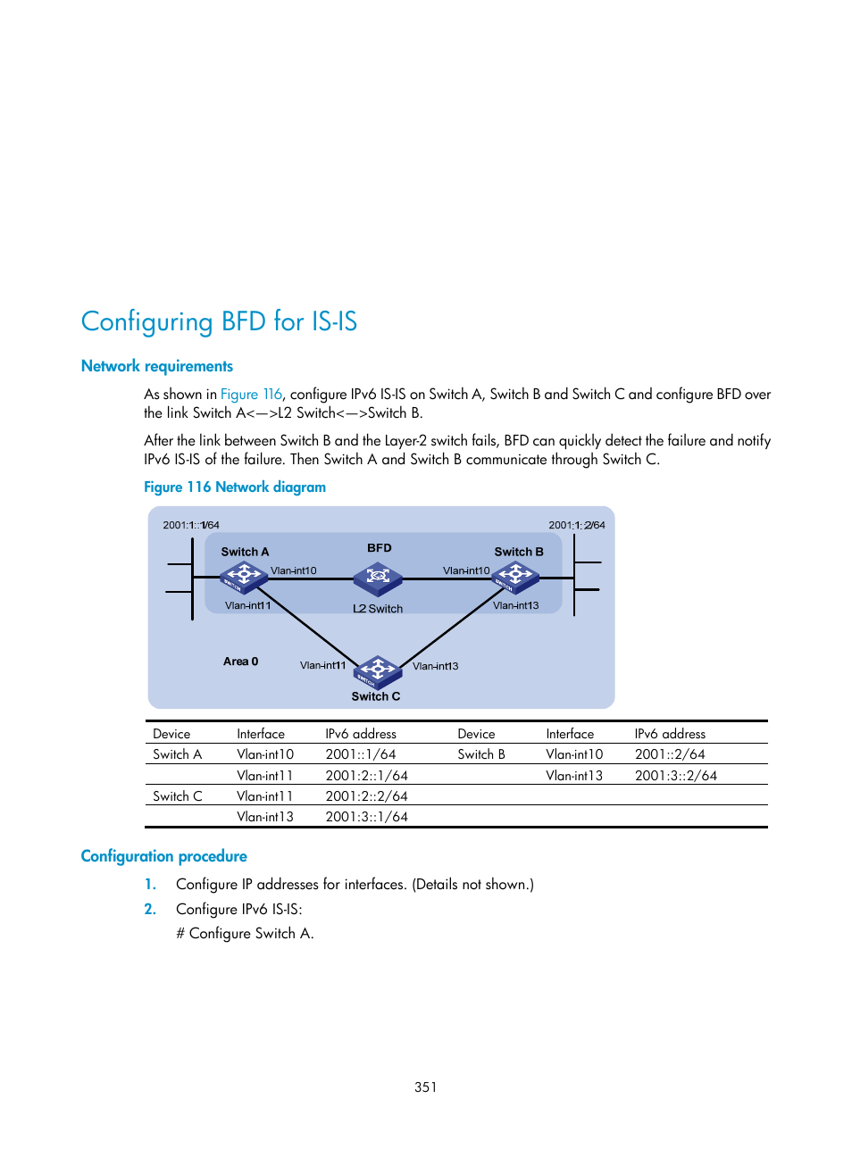 Configuring bfd for is-is, Network requirements, Configuration procedure | H3C Technologies H3C S12500 Series Switches User Manual | Page 367 / 443