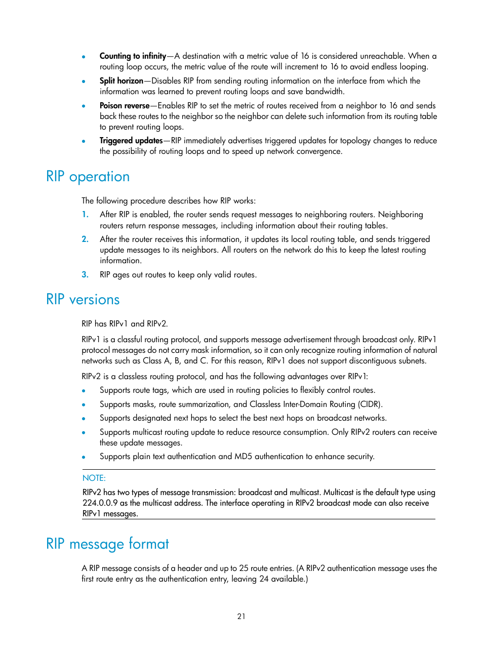 Rip operation, Rip versions, Rip message format | H3C Technologies H3C S12500 Series Switches User Manual | Page 37 / 443