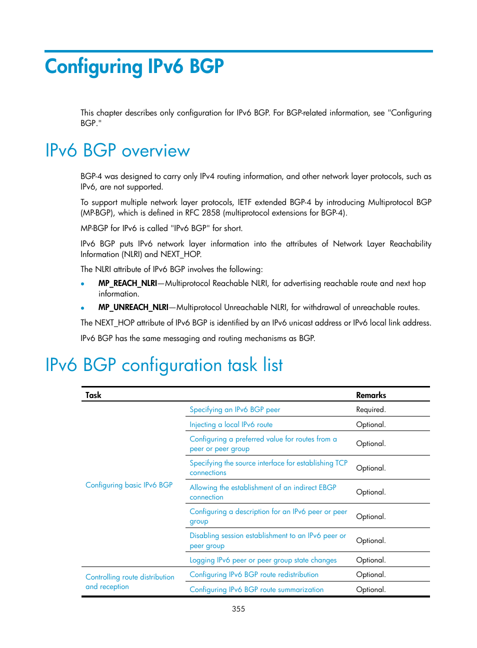 Configuring ipv6 bgp, Ipv6 bgp overview, Ipv6 bgp configuration task list | H3C Technologies H3C S12500 Series Switches User Manual | Page 371 / 443