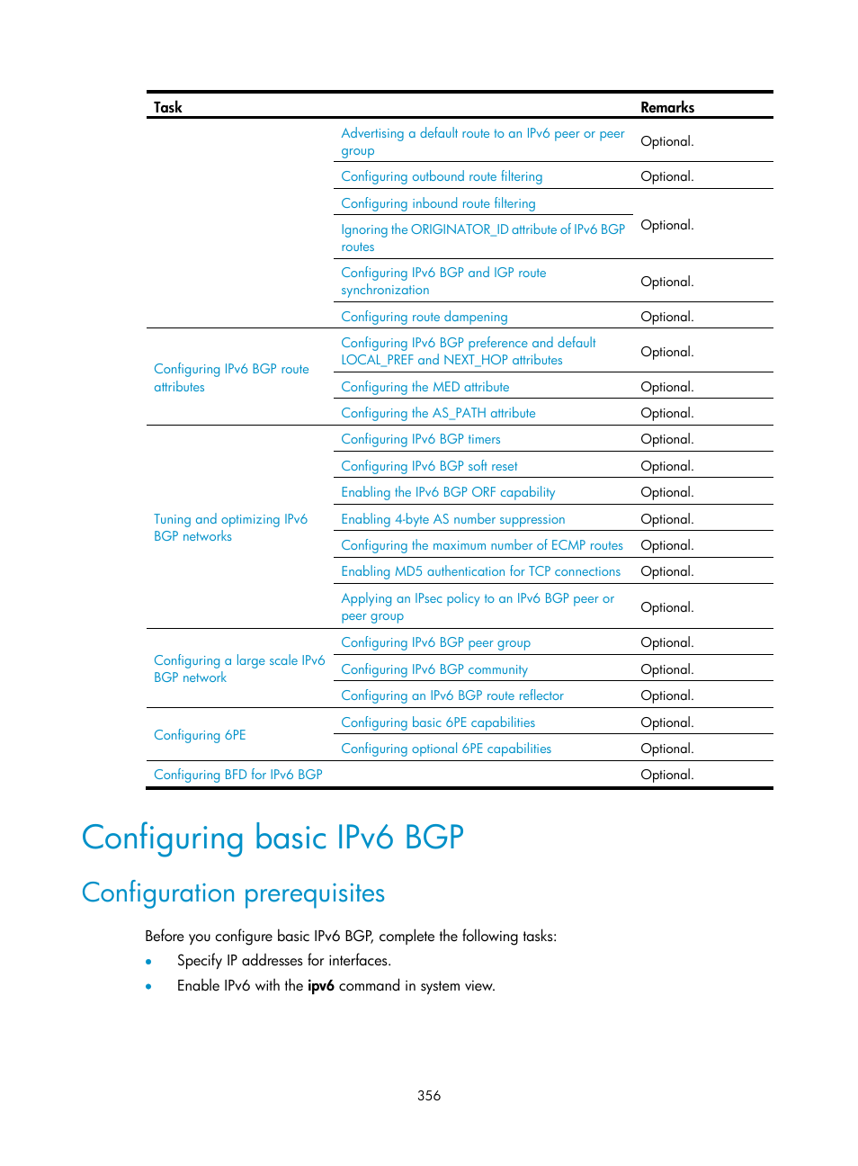 Configuring basic ipv6 bgp, Configuration prerequisites | H3C Technologies H3C S12500 Series Switches User Manual | Page 372 / 443