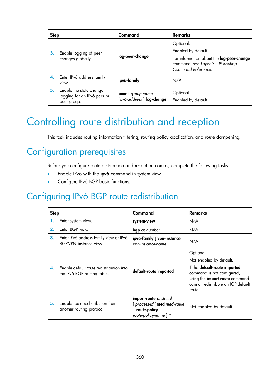 Controlling route distribution and reception, Configuration prerequisites, Configuring ipv6 bgp route redistribution | H3C Technologies H3C S12500 Series Switches User Manual | Page 376 / 443