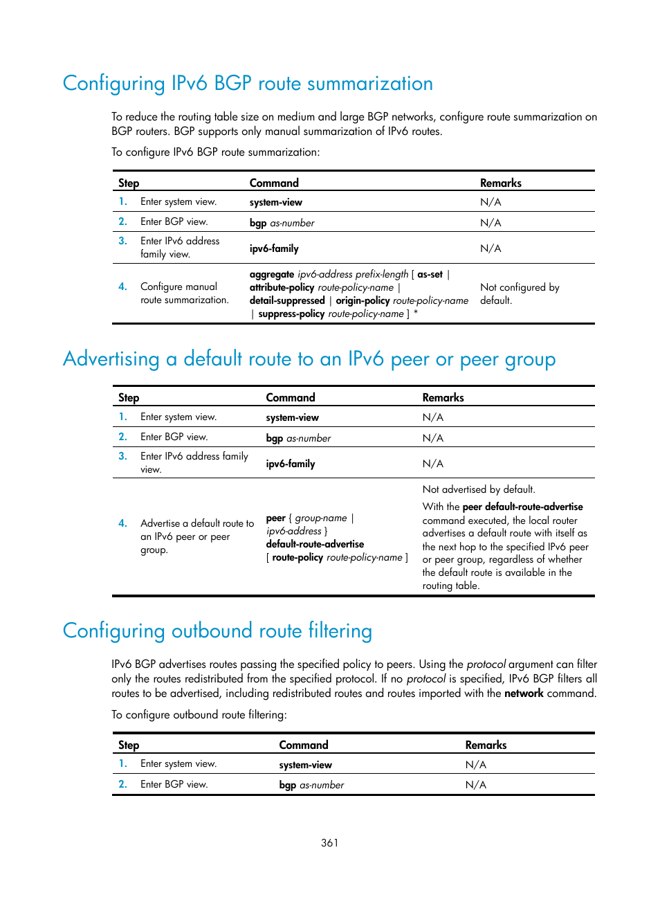 Configuring ipv6 bgp route summarization, Configuring outbound route filtering | H3C Technologies H3C S12500 Series Switches User Manual | Page 377 / 443