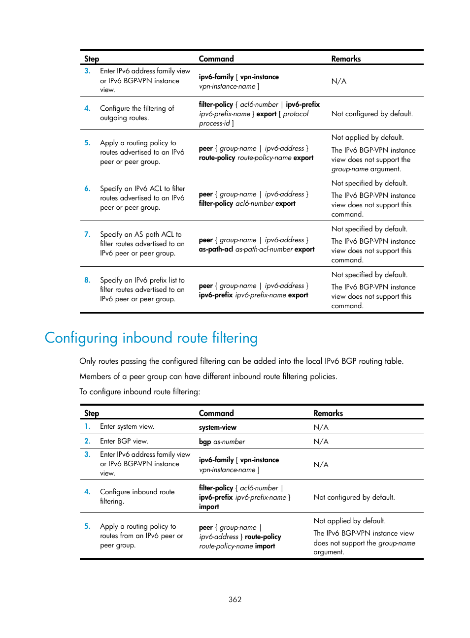 Configuring inbound route filtering | H3C Technologies H3C S12500 Series Switches User Manual | Page 378 / 443