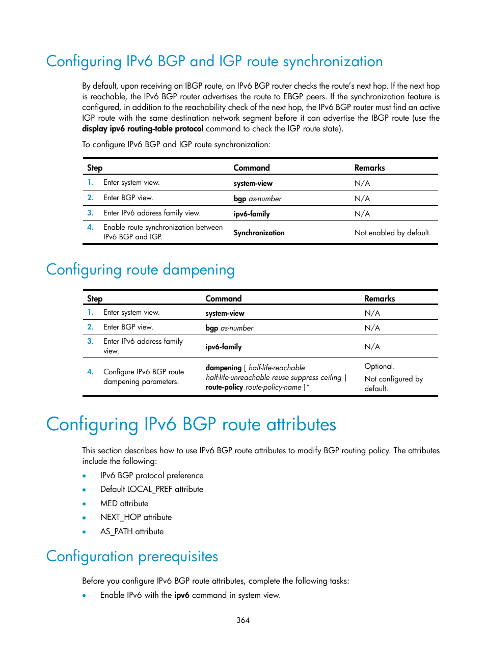 Configuring ipv6 bgp and igp route synchronization, Configuring route dampening, Configuring ipv6 bgp route attributes | Configuration prerequisites | H3C Technologies H3C S12500 Series Switches User Manual | Page 380 / 443