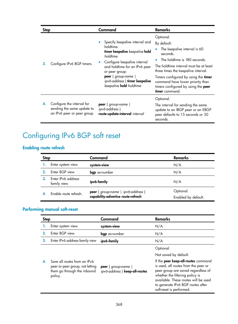 Configuring ipv6 bgp soft reset, Enabling route refresh, Performing manual soft-reset | H3C Technologies H3C S12500 Series Switches User Manual | Page 384 / 443