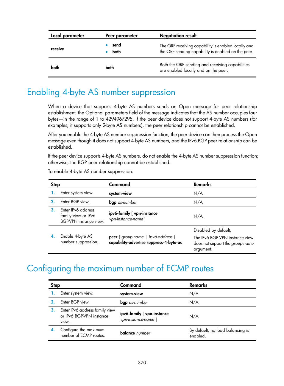 Enabling 4-byte as number suppression, Configuring the maximum number of ecmp routes | H3C Technologies H3C S12500 Series Switches User Manual | Page 386 / 443