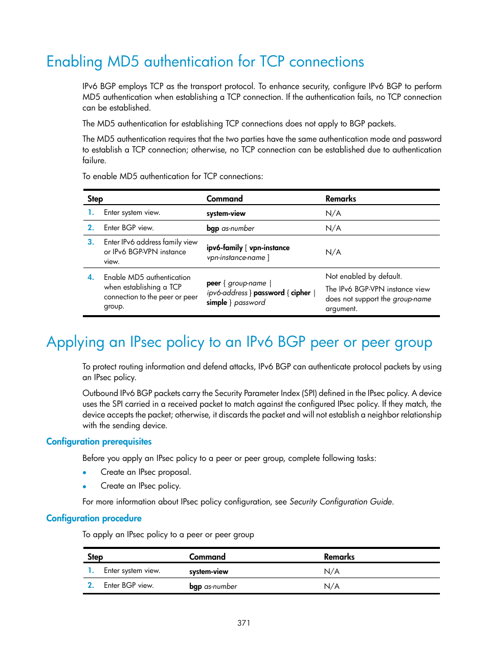Enabling md5 authentication for tcp connections, Configuration prerequisites, Configuration procedure | H3C Technologies H3C S12500 Series Switches User Manual | Page 387 / 443