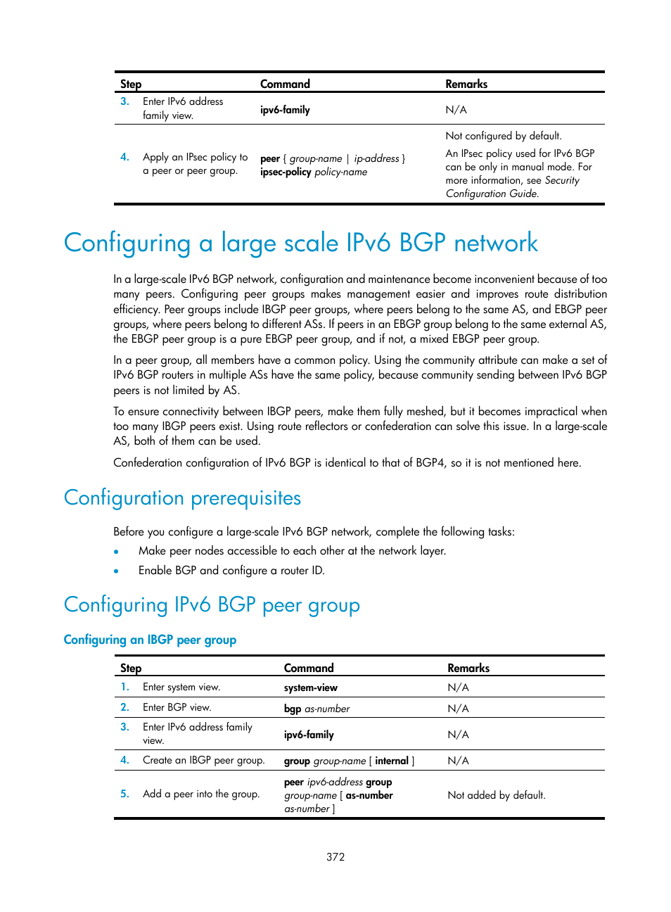 Configuring a large scale ipv6 bgp network, Configuration prerequisites, Configuring ipv6 bgp peer group | Configuring an ibgp peer group, Configuring, Ipv6 bgp peer group | H3C Technologies H3C S12500 Series Switches User Manual | Page 388 / 443