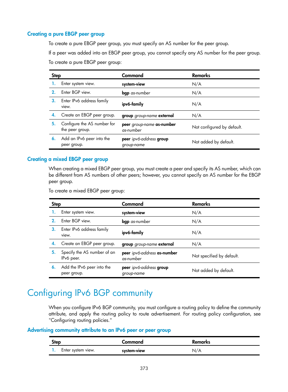 Creating a pure ebgp peer group, Creating a mixed ebgp peer group, Configuring ipv6 bgp community | H3C Technologies H3C S12500 Series Switches User Manual | Page 389 / 443